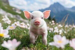 ai generado adorable cerdito vagante mediante pintoresco alpino prados rodeado por maravilloso naturaleza foto