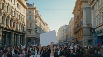 AI generated Protesters marching in the street holding white banner mockup for activism and demonstration concept photo