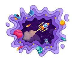 Galaxy space paper cut, rocket launch, asteroids vector