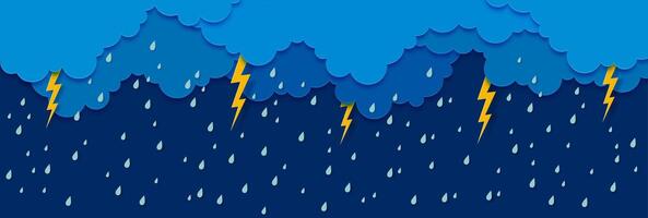 Paper cut rain with sky clouds, drops, flashes vector