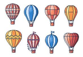 8 bit pixel hot air balloons, arcade game asset vector