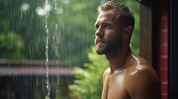 ai generado solitario hombre en pie fuera de en el torrencial lluvia, sensación contemplativo y un poco perdido foto