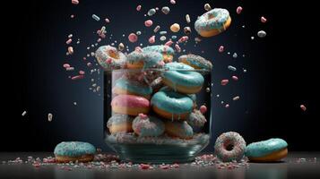 AI generated Flying delicious donuts with colorful sprinkles available for purchase at local bakery photo