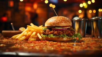 ai generado de cerca de un Agua en la boca hamburguesa con jugoso detalles en un borroso antecedentes foto