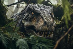 AI generated Tyrannosaurus rex in lush green jungle environment, prehistoric dinosaur in natural habitat photo