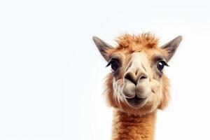 AI generated Funny and playful alpaca with curious expression staring into the camera on a blank white background photo