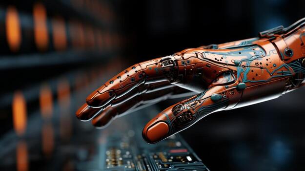 AI generated Close-up of cybernetic arm with intricate embedded mechanisms on blurred background photo