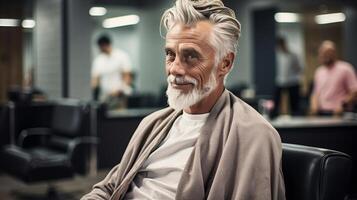 ai generado mayor hombre consiguiendo un elegante Corte de pelo en barbería con Copiar espacio para texto en el lado foto