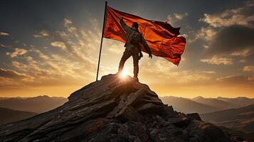 AI generated Successful businessman silhouette holding flag triumphantly atop mountain peak at sunset photo