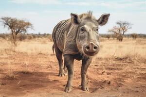 AI generated Stunning sight of a majestic warthog thriving in its natural african savannah habitat photo