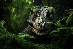 ai generado prehistórico gigante tiranosaurio rex itinerancia salvaje y gratis en el lozano y encantador selva foto