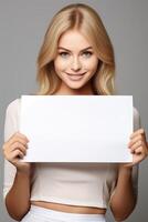 AI generated Happy woman holding paper mockup with ample space for customizable text. Vertical photo