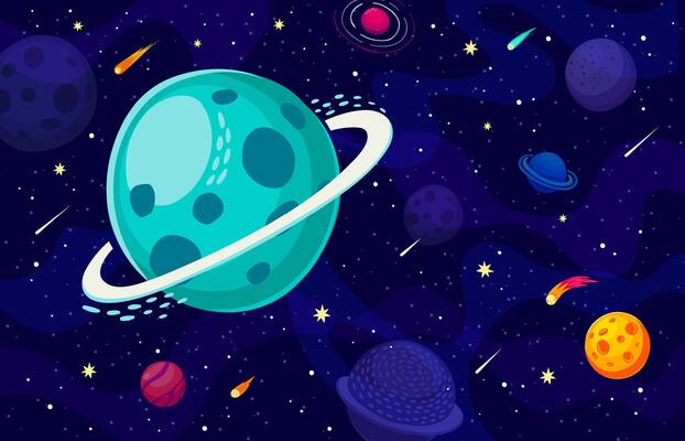 Cartoon galaxy space landscape Saturn and stars