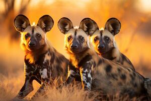 ai generado impresionante africano salvaje perros familia en su natural habitat en safari aventuras foto