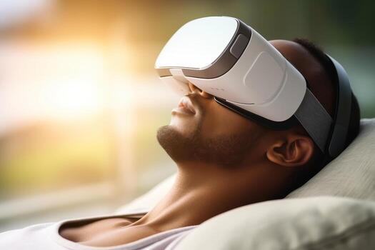 AI generated Virtual reality bliss. Man relaxing on sofa with empty text space, immersed in a virtual experience. Futuristic environment, new future technology. VR photo