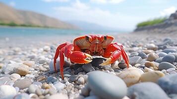 ai generado rojo cangrejo caminando en el arenoso apuntalar de un playa con desenfocado blanco antecedentes y espacio para texto foto