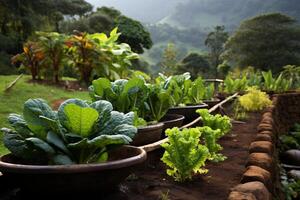 AI generated Healthy fresh organic vegetable sprouts growing in pots for planting in the garden bed photo