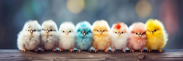 AI generated Banner Colorful easter chicks. adorable little birds with text space. Spring holiday theme photo