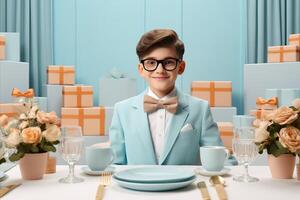 ai generado elegante joven chico en lentes y arco Corbata sentado a un mesa rodeado por un formación de vistoso regalos foto