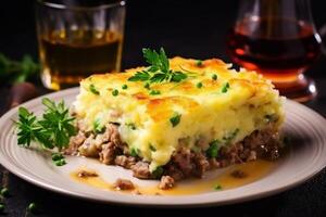 AI generated Delicious shepherds pie. Classic savory dish with minced meat and mashed potatoes photo