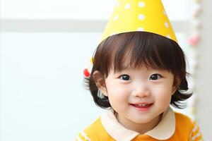 ai generado contento asiático niña vistiendo fiesta sombrero para festivo cumpleaños celebracion con Copiar espacio. foto