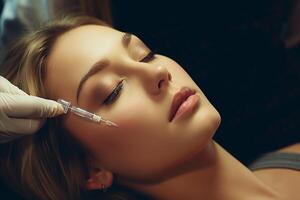 AI generated Beautiful young woman receiving professional cosmetic botox procedure at a prestigious beauty salon photo