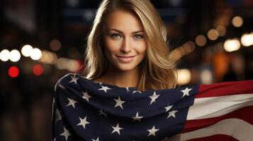 AI generated Happy woman celebrating 4th of july independence day with american flag in the united states photo