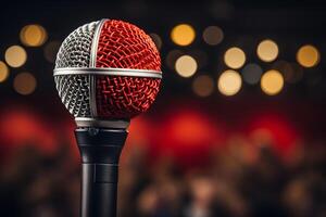 AI generated Professional microphone with elegant bokeh background and copy space for inserting text or message photo