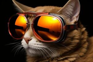 ai generado gracioso gato vistiendo elegante Gafas de sol en adorable de cerca retrato foto