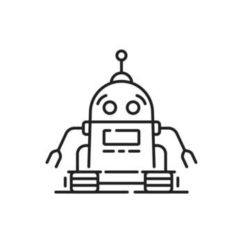 Sci FI retro robot, droid outline icon or symbol vector