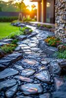 AI generated Beautiful stone road in the garden with flowers and sunlight at sunset photo