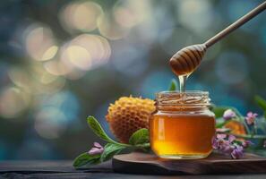 AI generated Honey dripping from wooden honey dipper in jar on wooden grey rustic table photo