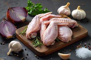 AI generated Raw chicken wings on cutting board with spices and vegetables photo