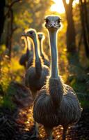 AI generated Ostriches walking in the forest at sunset. Ostrich farm photo