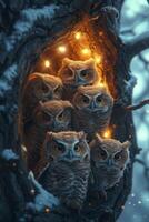 AI generated Owls in hollow tree. A a group of cute little owls is sitting inside a tree photo