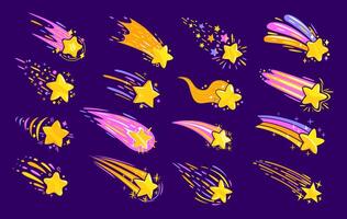 Cartoon shooting space stars with trails, comets vector