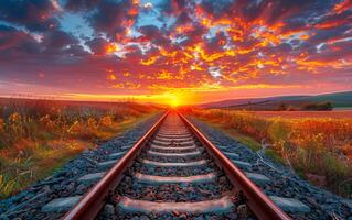 AI generated Railway tracks. A railway through the green field and colorful sky photo