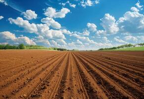 AI generated Furrows. Agricultural field on which grow up potatoes photo