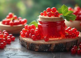 AI generated Jar of red currant jam on wooden table photo