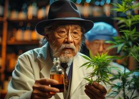 AI generated Senior scientist holding cannabis oil and hemp plant in the lab scientist decarboxylation photo