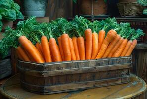 AI generated Wooden box full of fresh carrots. A carrots in a basket beside a wood floor photo