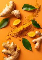 AI generated Fresh ginger root and turmeric powder with fresh green leaves on orange background top view photo