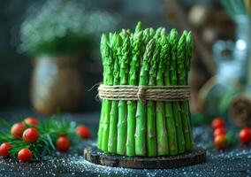 AI generated Fresh green asparagus on wooden board photo