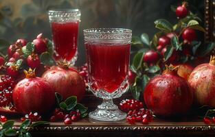 AI generated Pomegranate juice in crystal glasses and ripe pomegranates on table photo