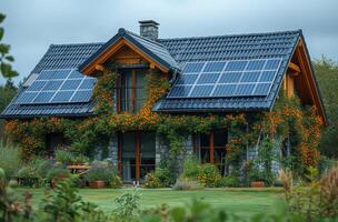 AI generated House with solar panels on the roof. Photovoltaic system on the roof photo