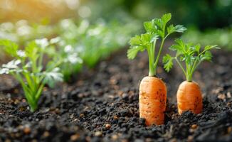 AI generated Carrots are growing in the garden and put on the soil. Home grown vegetables. photo