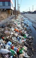 ai generado el plastico botellas y otro basura en el lado de el la carretera foto