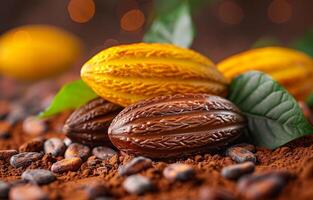 ai generado cacao frijoles y cacao polvo chocolate golosinas cacao polvo y Fresco frutas en marrón antecedentes foto