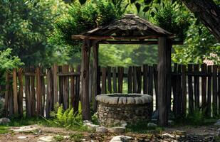 AI generated Ancient well in the village. A wooden fence around the well photo