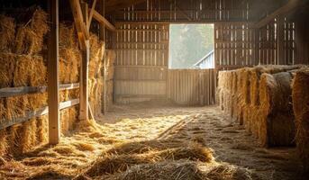 AI generated Hay bales in barn with sunlight shining through the open door photo